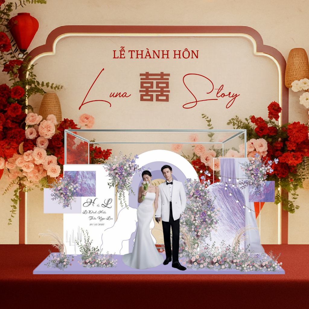 Standee Đám Cưới - Mô Hình Cưới 3D Sang Trọng Trang Trí, Decor Phòng, Để Bàn (Tone Tím)