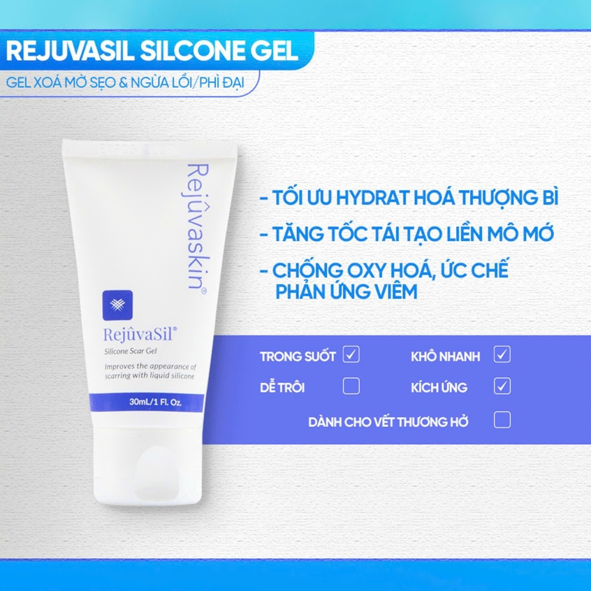 Gel ngăn ngừa sẹo và làm xẹp sẹo lồi, sẹo phì đại Rejuvaskin Rejuvasil 10ml