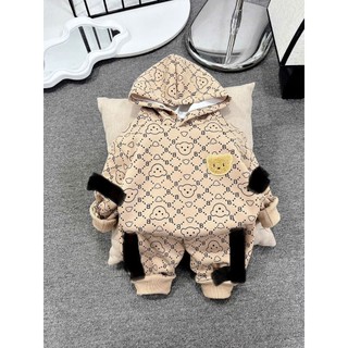 BỘ NỈ CÓ MŨ DÁN GẤU DA CÁ CHO BÉ 6-18KG