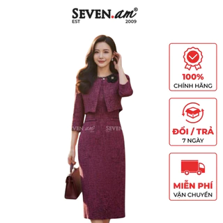 Đầm A tweed gạo cài hoa trang trí thời trang nữ Seven.AM H642018E