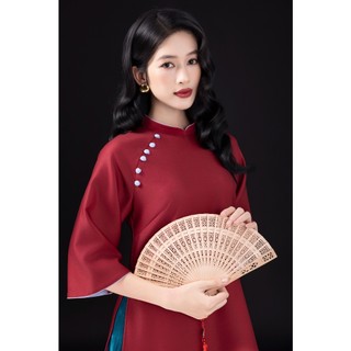 SWANLAKE | Áo Dài Nữ Cách Tân Họa Việt Phom Suông Cổ Trụ Đính Nút Vải Lụa Dày In 3D Tết L13058