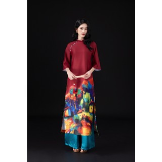 SWANLAKE | Áo Dài Nữ Cách Tân Họa Việt Phom Suông Cổ Trụ Đính Nút Vải Lụa Dày In 3D Tết L13058