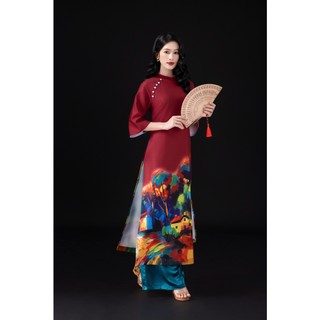 SWANLAKE | Áo Dài Nữ Cách Tân Họa Việt Phom Suông Cổ Trụ Đính Nút Vải Lụa Dày In 3D Tết L13058