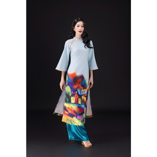 SWANLAKE | Áo Dài Nữ Cách Tân Dáng Suông Tay Lỡ Cổ Trụ Đính Nút Vải Lụa Dày In 3D Tết L13058