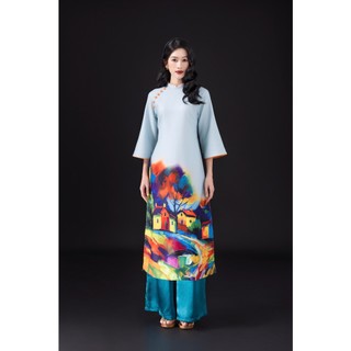 SWANLAKE | Áo Dài Nữ Cách Tân Dáng Suông Tay Lỡ Cổ Trụ Đính Nút Vải Lụa Dày In 3D Tết L13058