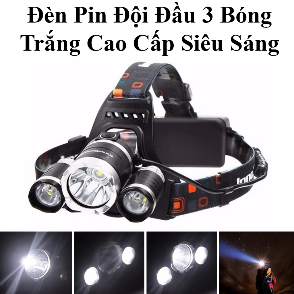 Đèn Pin Đội Đầu Pin Sạc 18650 3 Bóng Trắng Siêu Sáng Nhiều Chế Độ Sáng