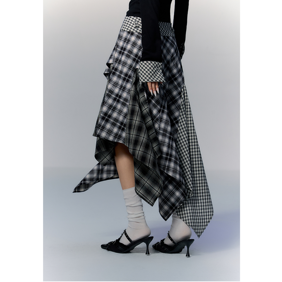 [KH31] Chân váy kẻ caro PUNCH hot girl retro thiết kế bất đối xứng layer nhiều lớp | KHAO BOUTIQUE