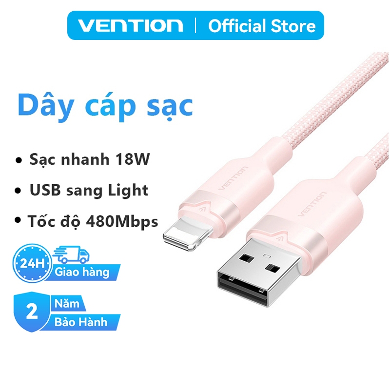 Dây Cáp Sạc Nhanh 18W Vention USB Sang Light, Truyền Tải 480Mbps Đầu Nối Hợp Kim Nhôm Cho Phone 8-14