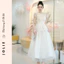 Đầm Xòe Lửng Trắng Thiết Kế Cao Cấp Ren Cổ Tròn Tay Ngắn Dự Tiệc