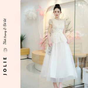 Đầm Xòe Lửng Trắng Thiết Kế Cao Cấp Ren Cổ Tròn Tay Ngắn Dự Tiệc