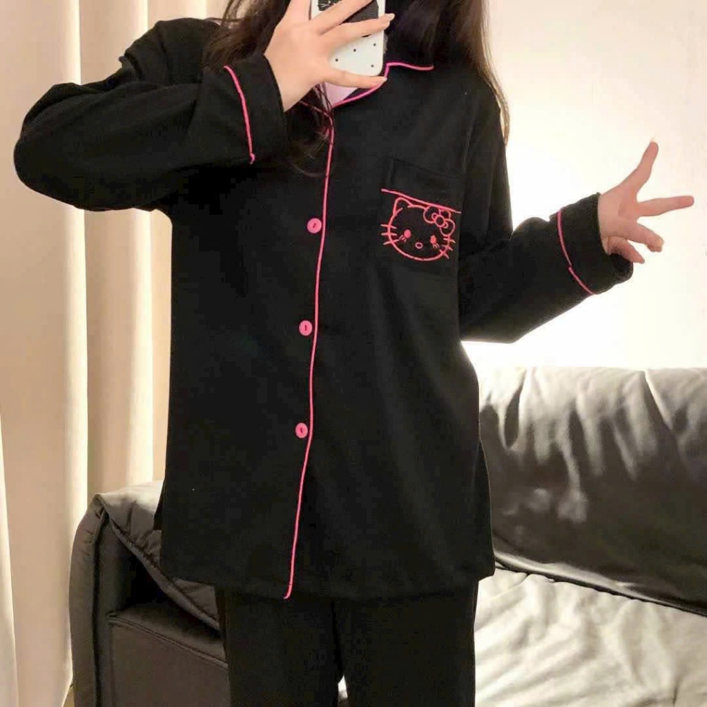 Bộ pijama nữ, bộ mặc nhà nữ dài tay phối tông màu đen viền kẻ đỏ nổi bật JUN HCOM26795