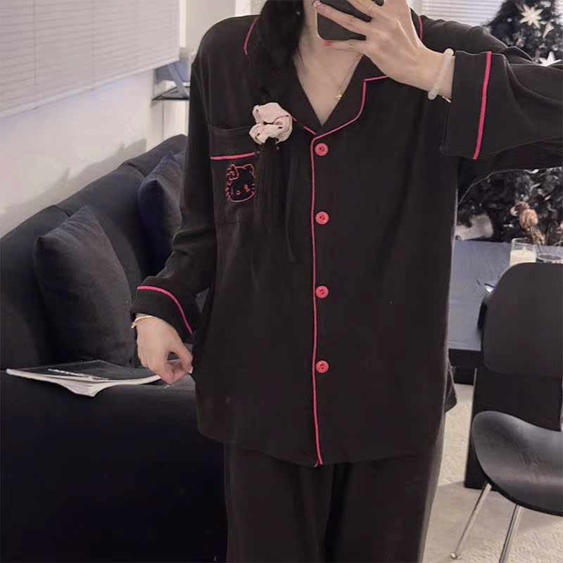 Bộ pijama nữ, bộ mặc nhà nữ dài tay phối tông màu đen viền kẻ đỏ nổi bật JUN HCOM26795