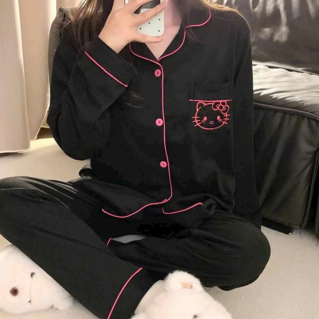 Bộ pijama nữ, bộ mặc nhà nữ dài tay phối tông màu đen viền kẻ đỏ nổi bật JUN HCOM26795