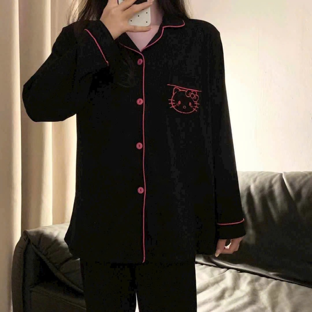Bộ pijama nữ, bộ mặc nhà nữ dài tay phối tông màu đen viền kẻ đỏ nổi bật JUN HCOM26795