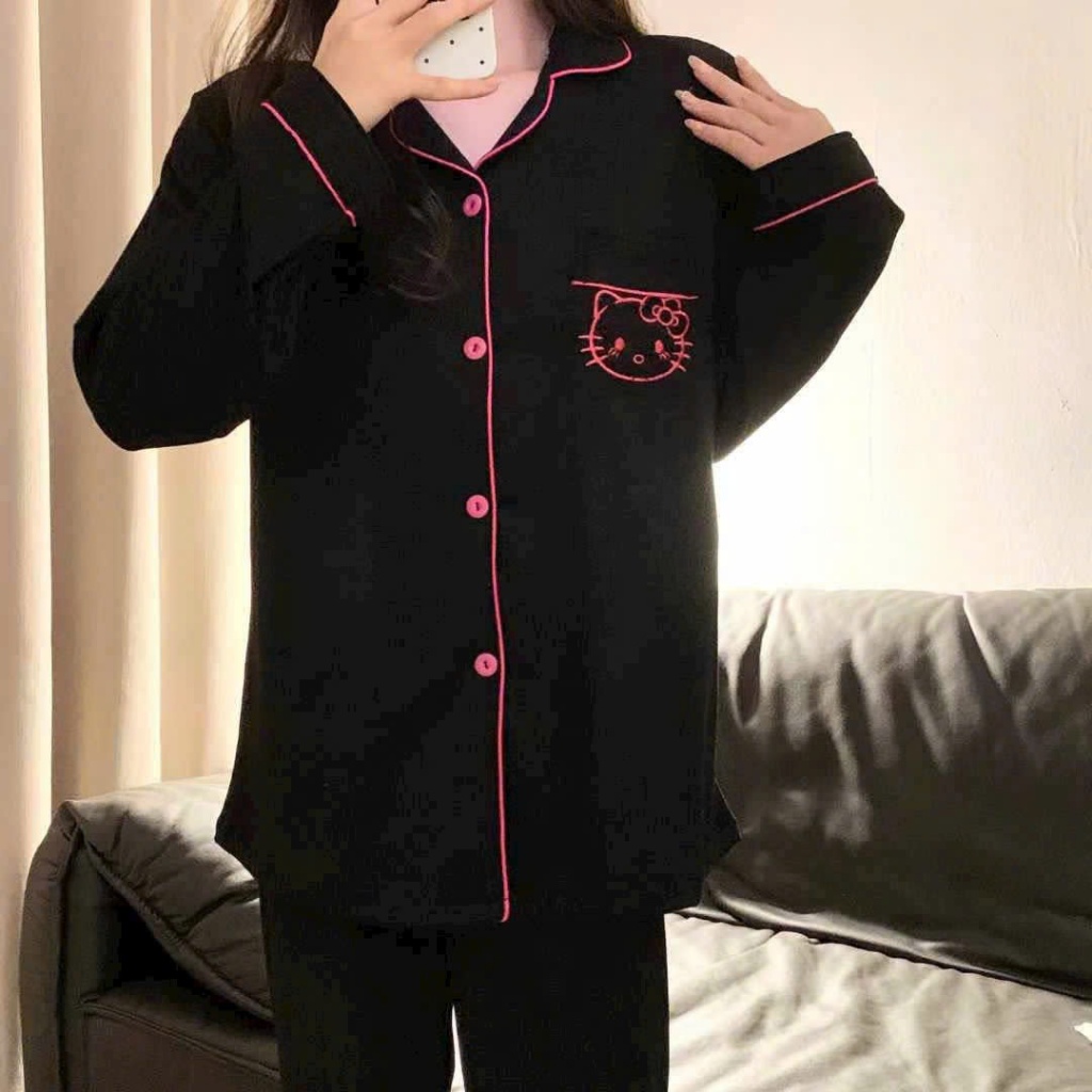 Bộ pijama nữ, bộ mặc nhà nữ dài tay phối tông màu đen viền kẻ đỏ nổi bật JUN HCOM26795