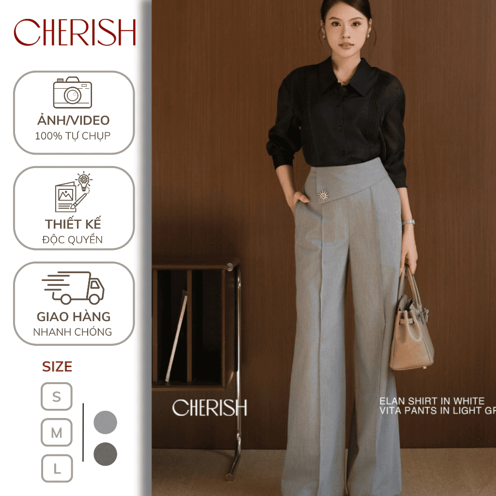 CHERISH-Quần Âu Nữ Công Sở VITA Twill Nhật Ống Suông – Thiết Kế Vạt Chéo Cài Cúc Kim Loại Sang Trọng