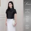 LABAVISTA Áo kiểu nữ vải tơ cổ nhọn màu đen phom suông lửng trẻ trung