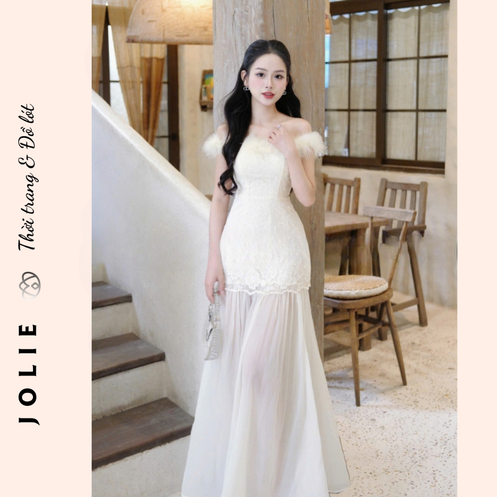 Đầm Ôm Dáng Đen Hở Vai Lông Vũ Ren Cao Cấp Dự Tiệc Sang Trọng