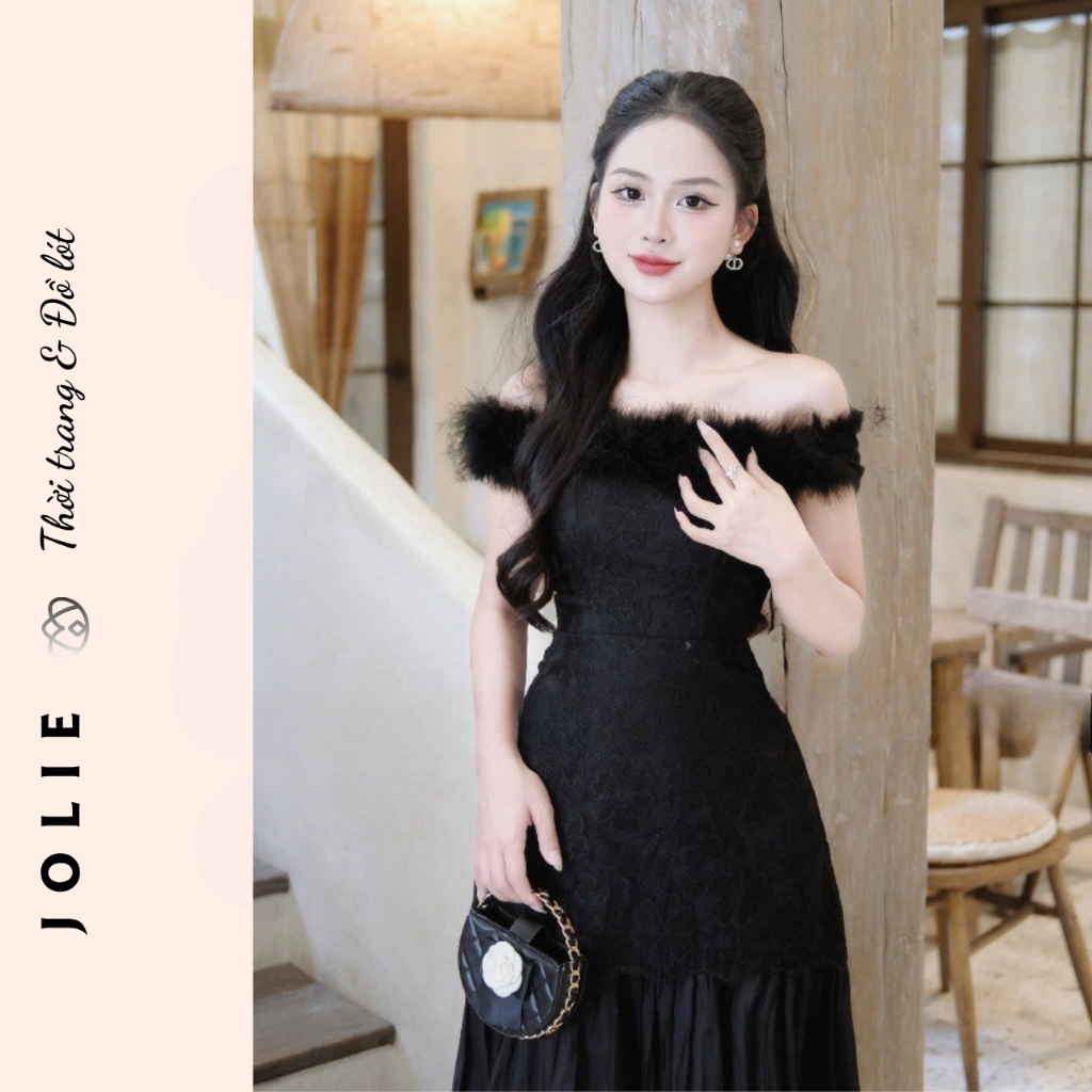 Đầm Ôm Dáng Đen Hở Vai Lông Vũ Ren Cao Cấp Dự Tiệc Sang Trọng