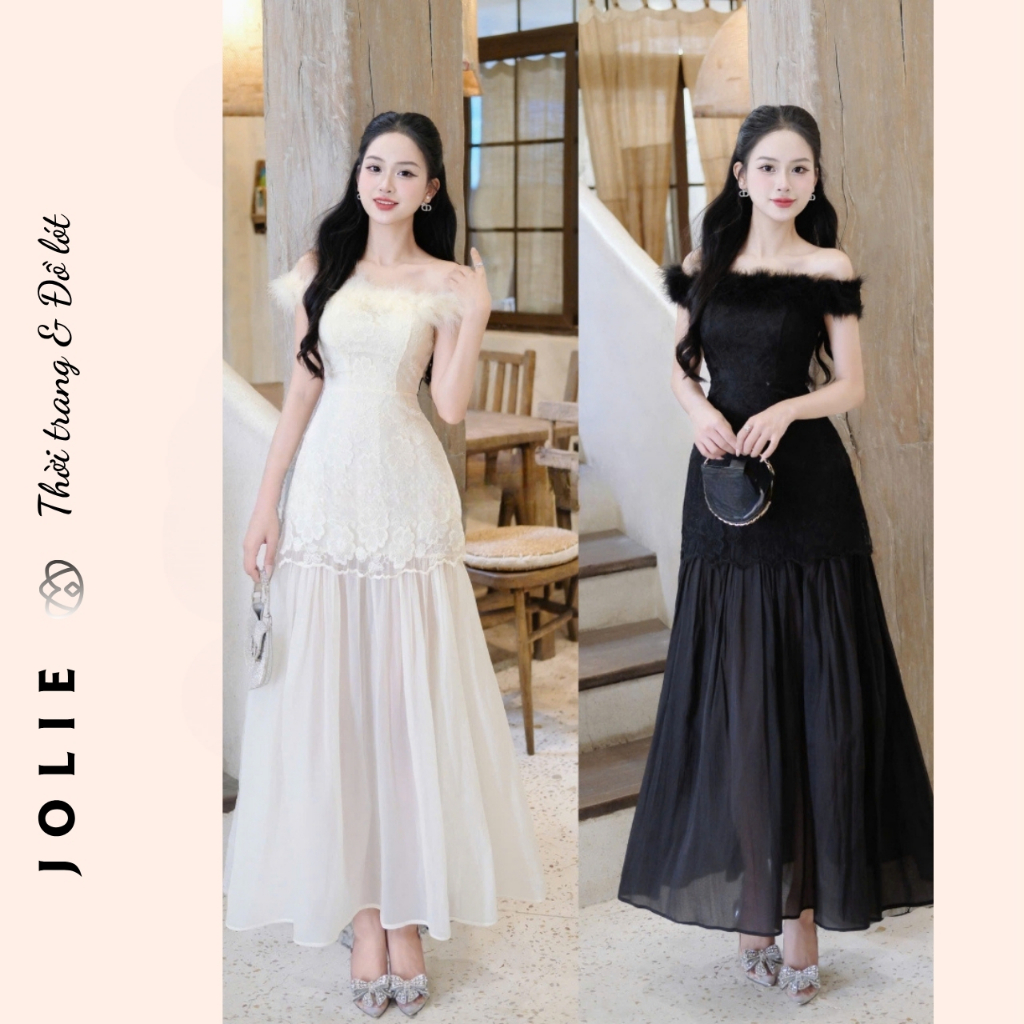 Đầm Ôm Dáng Đen Hở Vai Lông Vũ Ren Cao Cấp Dự Tiệc Sang Trọng