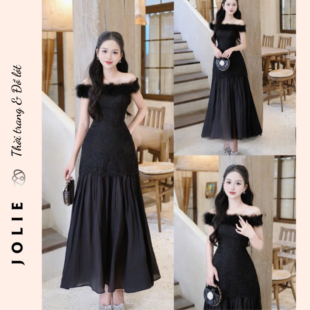 Đầm Ôm Dáng Đen Hở Vai Lông Vũ Ren Cao Cấp Dự Tiệc Sang Trọng
