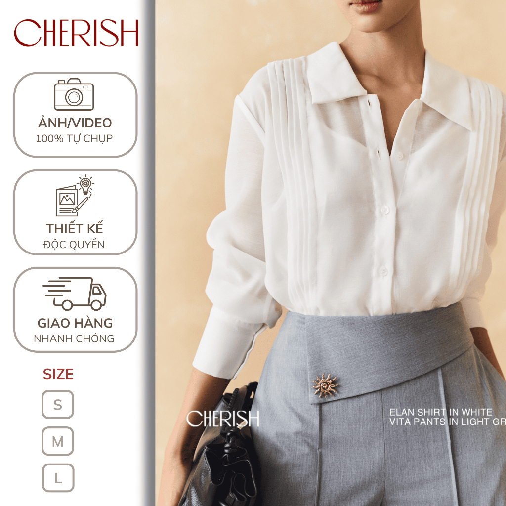 CHERISH - Áo sơ mi nữ công sở ELAN tơ organza cao cấp dáng suông – thiết kế xếp ly, cổ nằm, vai rơi, kèm áo lót lụa
