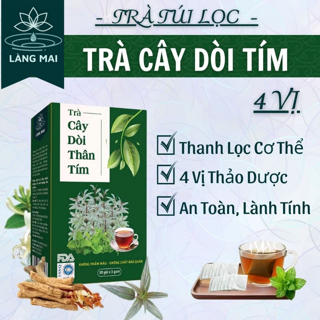 Trà cây dòi thân tím - Làng Mai - 4 vị Thảo dược tự nhiên tiêu đờm làm mát phổi Hộp 30 túi