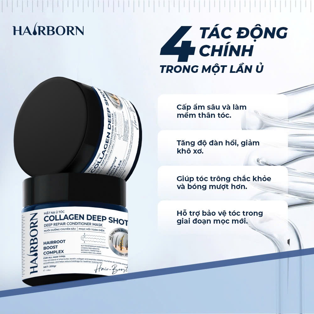 MẶT NẠ Ủ TÓC COLLAGEN DEEP SHOT trọng lượng 200g, Thương hiệu Hairborn, dưỡng tóc suôn mượt mềm mại