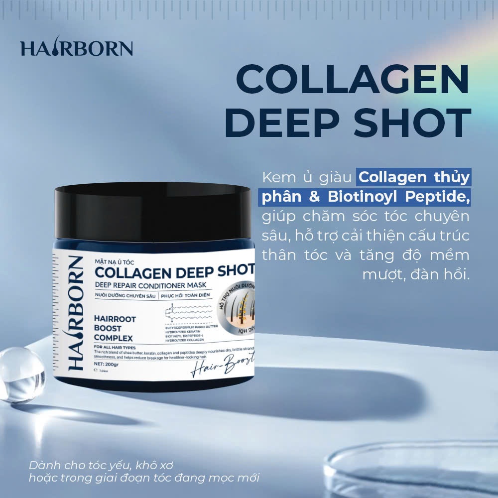 MẶT NẠ Ủ TÓC COLLAGEN DEEP SHOT trọng lượng 200g, Thương hiệu Hairborn, dưỡng tóc suôn mượt mềm mại