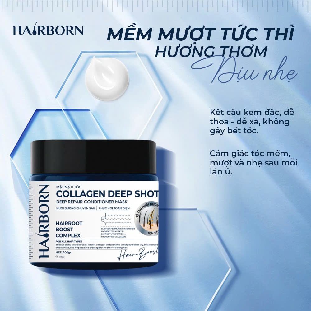 MẶT NẠ Ủ TÓC COLLAGEN DEEP SHOT trọng lượng 200g, Thương hiệu Hairborn, dưỡng tóc suôn mượt mềm mại