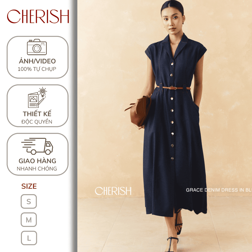 CHERISH - Váy sơ mi Twill Denim GRACE dáng dài xòe cao cấp Cherish kèm đai da phong cách sang trọng
