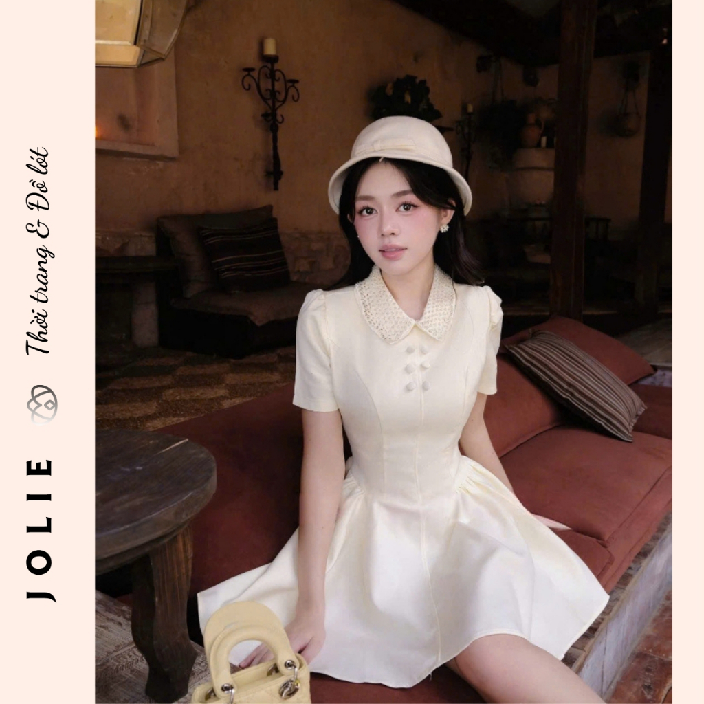Váy Đầm Xòe Ngắn Xanh Navy Cổ Peter Pan Đính Đá Thiết Kế Sang Chảnh