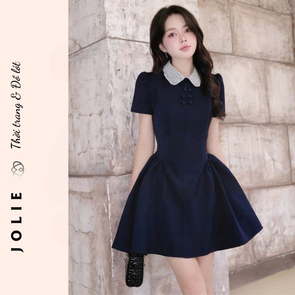 Váy Đầm Xòe Ngắn Xanh Navy Cổ Peter Pan Đính Đá Thiết Kế Sang Chảnh