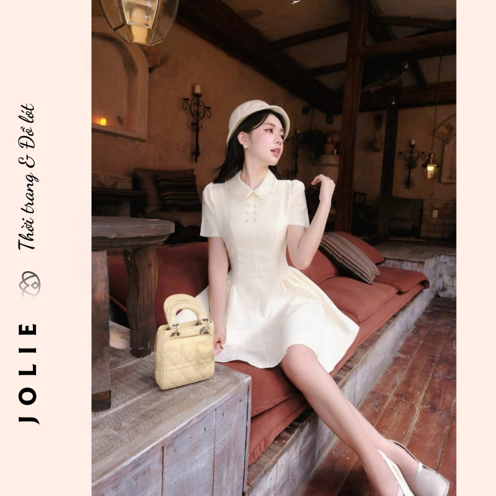 Váy Đầm Xòe Ngắn Xanh Navy Cổ Peter Pan Đính Đá Thiết Kế Sang Chảnh