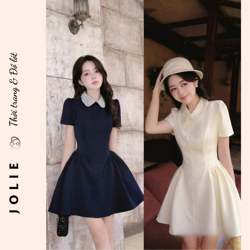 Váy Đầm Xòe Ngắn Xanh Navy Cổ Peter Pan Đính Đá Thiết Kế Sang Chảnh
