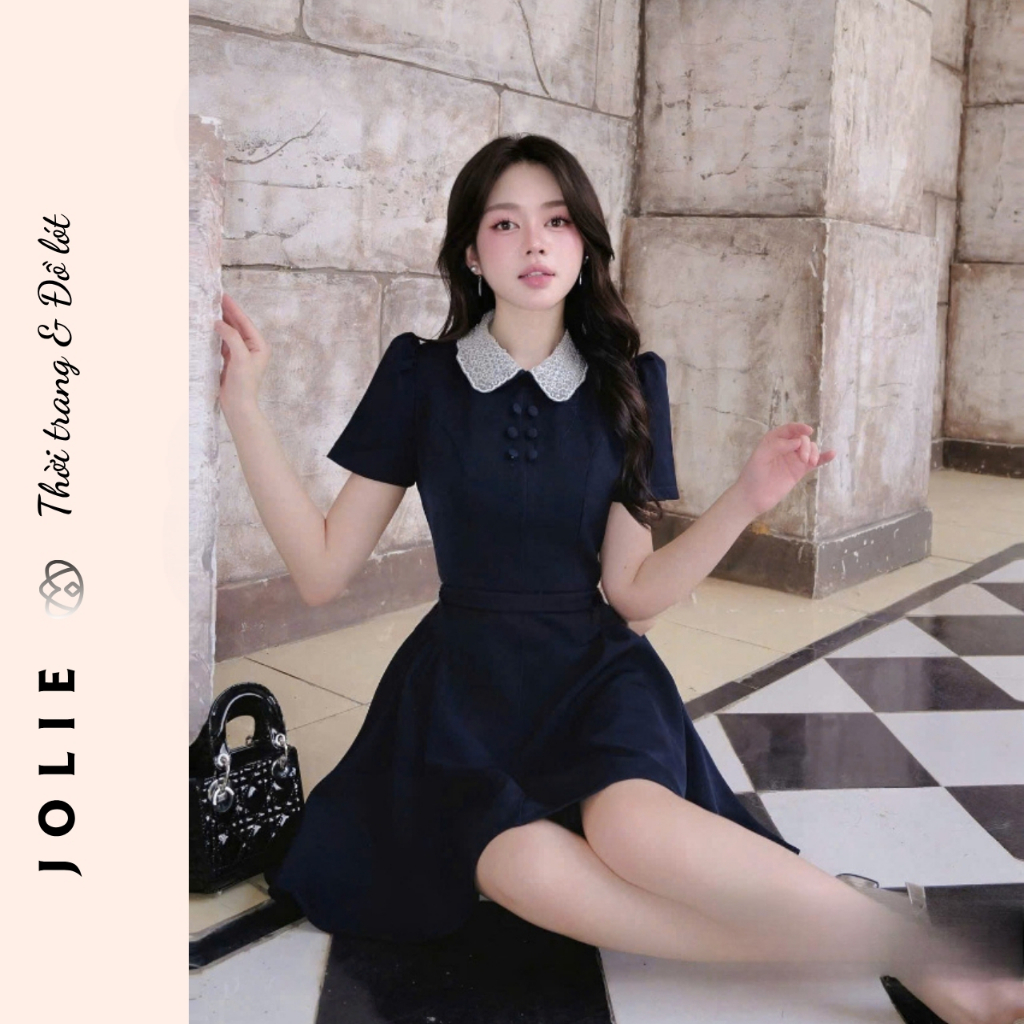 Váy Đầm Xòe Ngắn Xanh Navy Cổ Peter Pan Đính Đá Thiết Kế Sang Chảnh