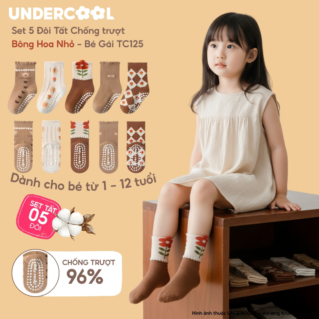 Set 5 Đôi Tất (Vớ) Bé Gái UNDERCOOL Cổ Cao Chống Trượt, Chất Cotton Mềm Mại Hàn Quốc Họa Tiết Hoa Gấu Vintage TC125