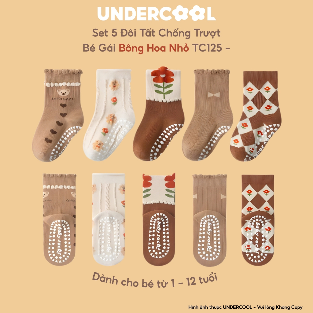 Set 5 Đôi Tất (Vớ) Bé Gái UNDERCOOL Cổ Cao Chống Trượt, Chất Cotton Mềm Mại Hàn Quốc Họa Tiết Hoa Gấu Vintage TC125
