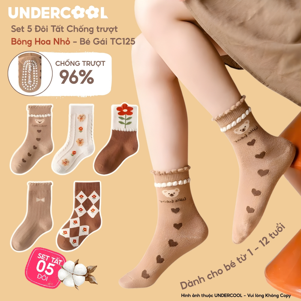Set 5 Đôi Tất (Vớ) Bé Gái UNDERCOOL Cổ Cao Chống Trượt, Chất Cotton Mềm Mại Hàn Quốc Họa Tiết Hoa Gấu Vintage TC125
