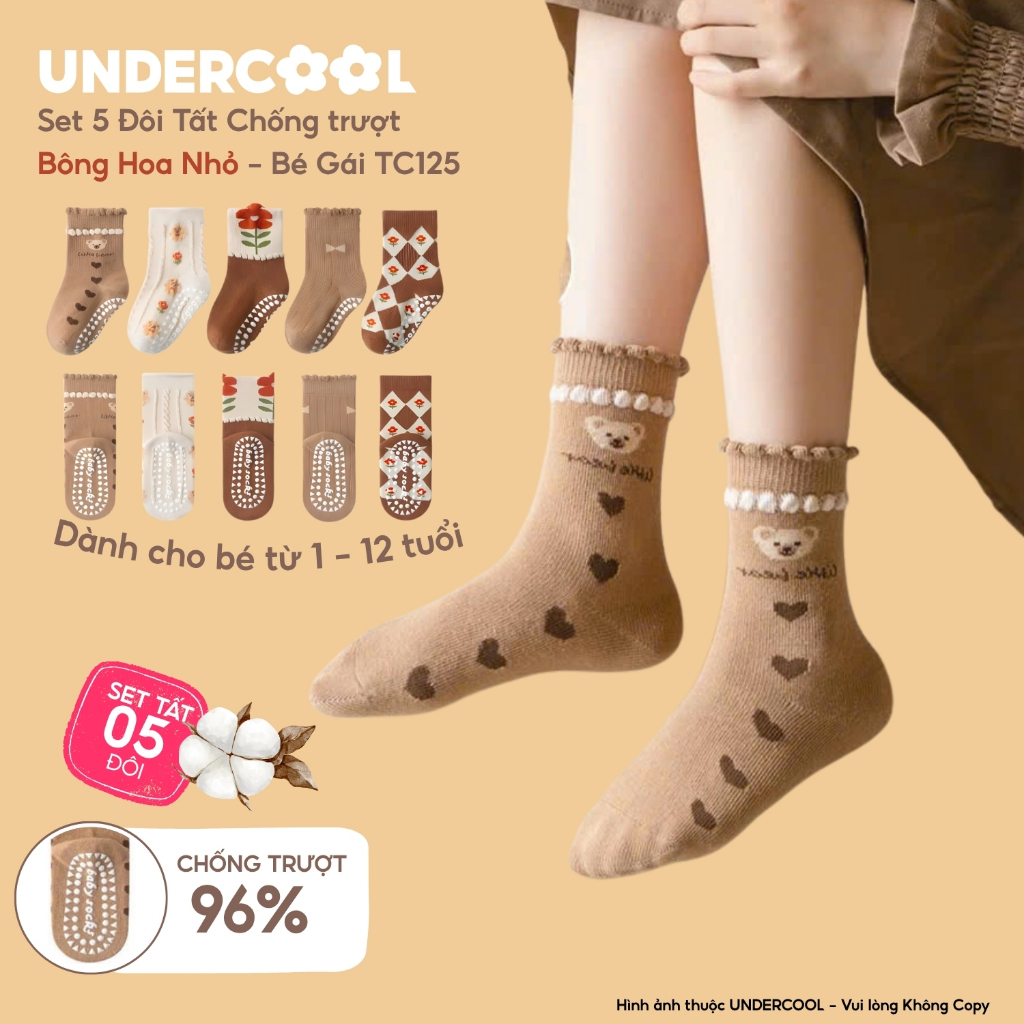 Set 5 Đôi Tất (Vớ) Bé Gái UNDERCOOL Cổ Cao Chống Trượt, Chất Cotton Mềm Mại Hàn Quốc Họa Tiết Hoa Gấu Vintage TC125