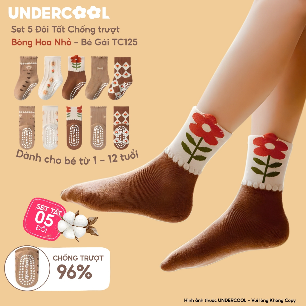 Set 5 Đôi Tất (Vớ) Bé Gái UNDERCOOL Cổ Cao Chống Trượt, Chất Cotton Mềm Mại Hàn Quốc Họa Tiết Hoa Gấu Vintage TC125