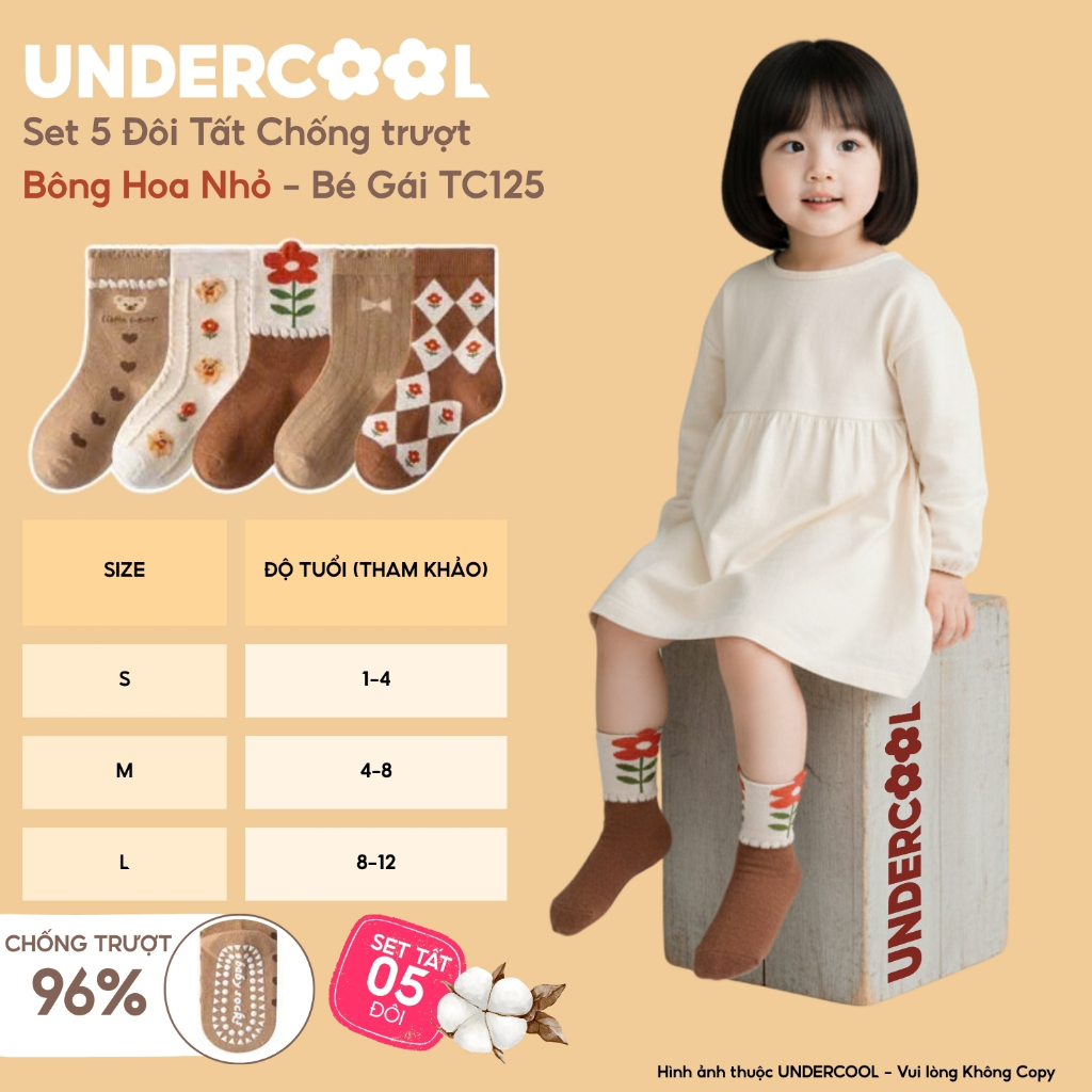 Set 5 Đôi Tất (Vớ) Bé Gái UNDERCOOL Cổ Cao Chống Trượt, Chất Cotton Mềm Mại Hàn Quốc Họa Tiết Hoa Gấu Vintage TC125