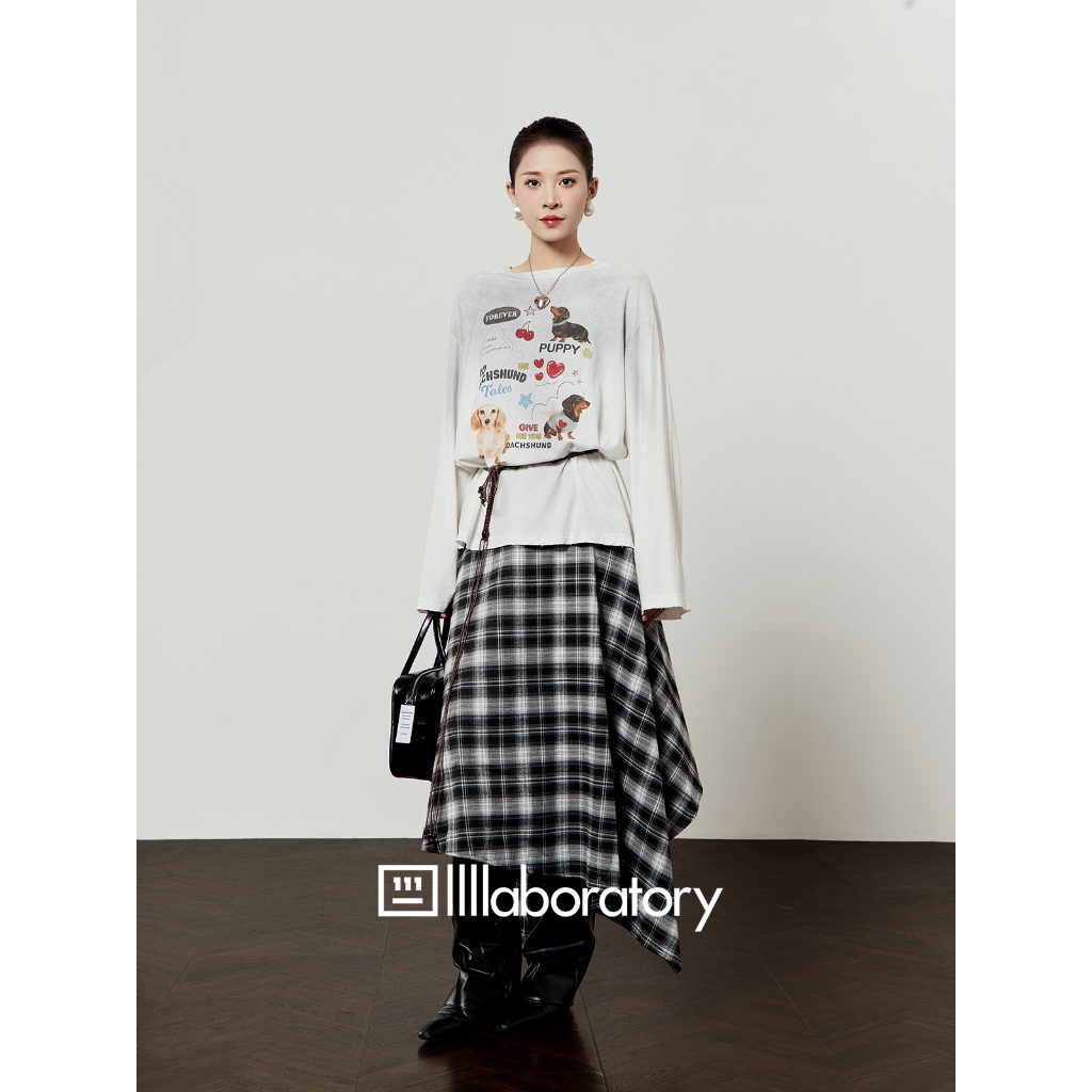 [KH15] Chân váy kẻ sọc caro dáng chữ A tà bất đối xứng phong cách vintage retro | KHAO BOUTIQUE