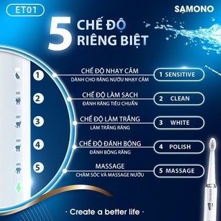 (BH 1 đổi 1) Bàn chải điện Samono SW-ET01, 5 chế độ đánh răng cho nam/nữ và trẻ em, 4 đầu bàn chải thay thế mềm mại