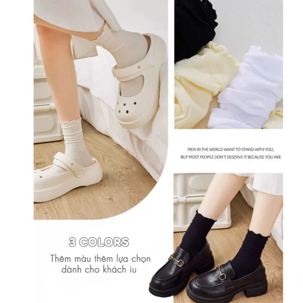 [Peinn] Tất vớ nữ cổ bèo nhún phong cách tiểu thư loli, chất liệu cotton than tre thoát mui co giãn tốt  TTD01