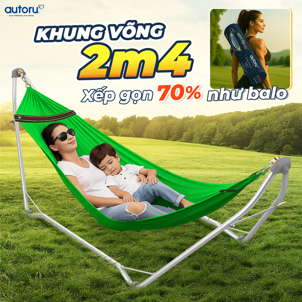 Khung Võng Xếp Hợp Kim Thép, Bộ Võng Du Lịch Autoru Chịu Tải 150Kg, Lưới Võng 2 Lớp Dày Dặn Thoáng Khí