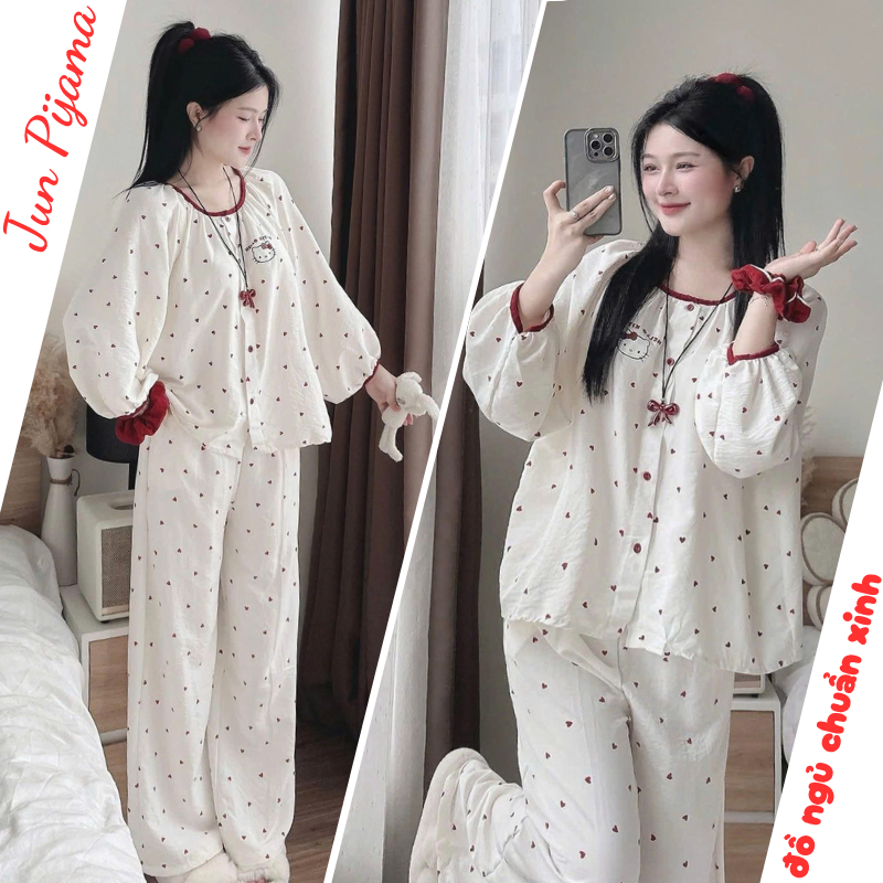 Đồ ngủ nữ, bộ mặc nhà nữ pijama dài tay tông màu trắng phối hình trái tim in siêu xinh JUN HCOM26799