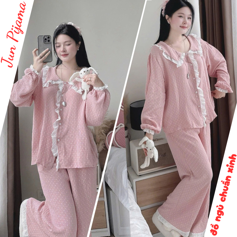 Đồ ngủ nữ, bộ pijama nữ dài tay phối màu hồng mix ren gấu siêu xinh chất thô cao cấp JUN HCOM26800