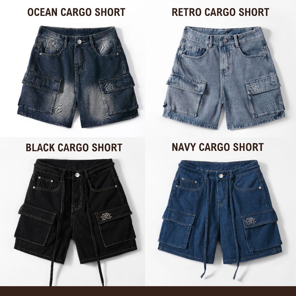 [WHY.NOT] Quần Short Jean Nam Túi Hộp Cá Tính 4 Màu - Cargo Short Jean