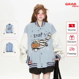 Áo khoác bóng chày nữ GRADPOPU thêu mèo con dễ thương, áo khoác phong cách Mỹ độc đáo AK141